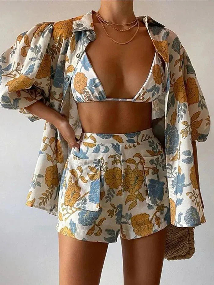 Pankh Myloe Floral Print 3 Piece Shirt & Shorts Coord Set