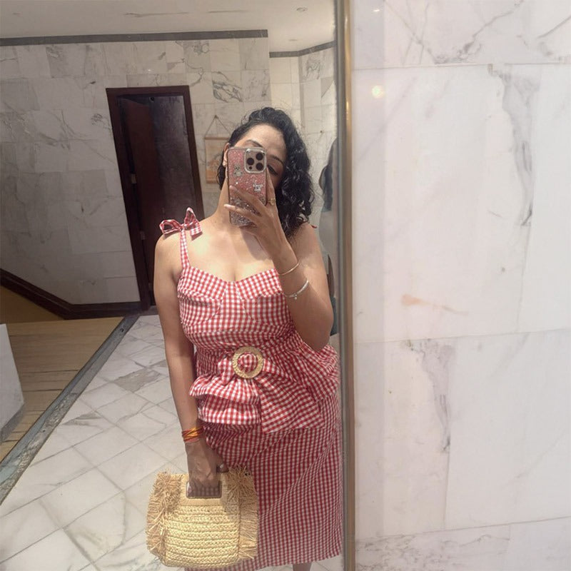 Pankh Della Check Gingham Peplum Top & Skirt Coord Set with Rafia Belt