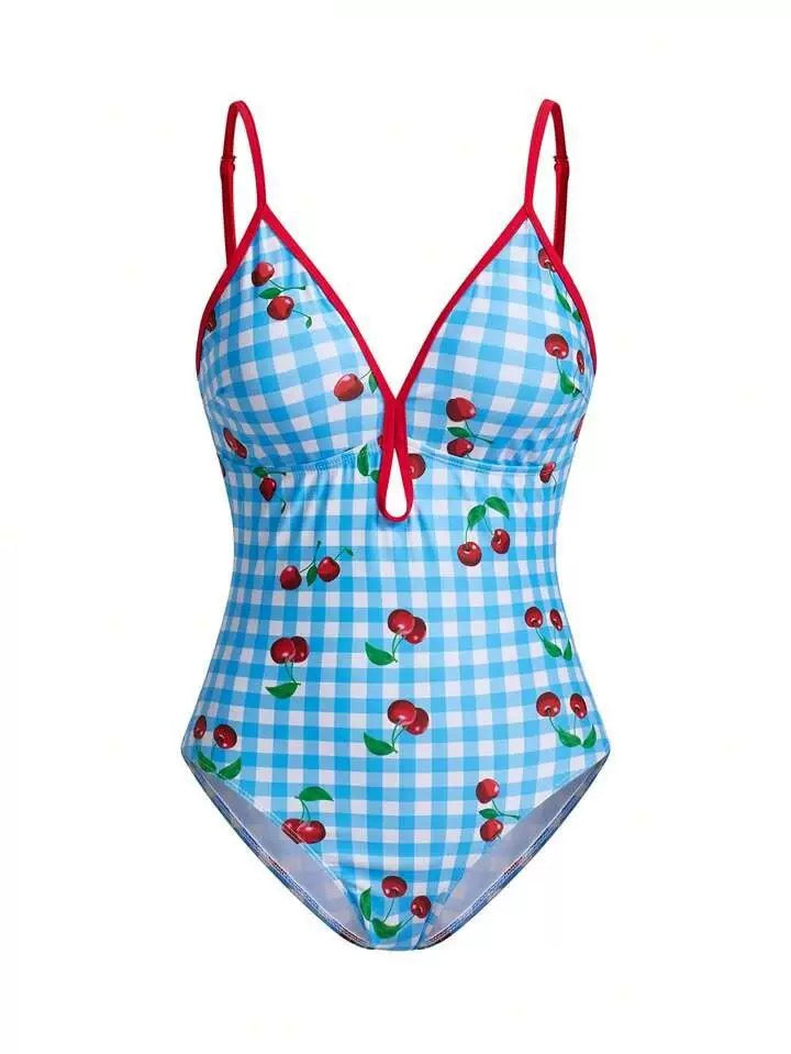 Pankh Cherry Gingham Plaid Swimsuit & Skirt Set