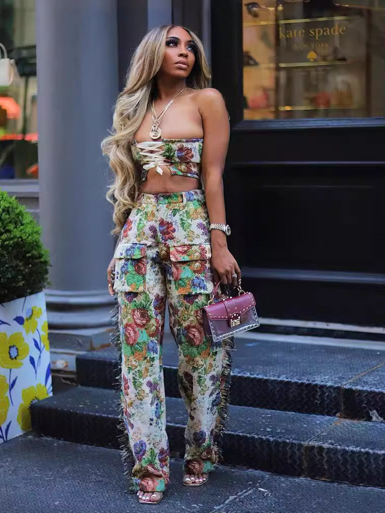 Pankh Evin Floral Leaf Printed Denim Coord