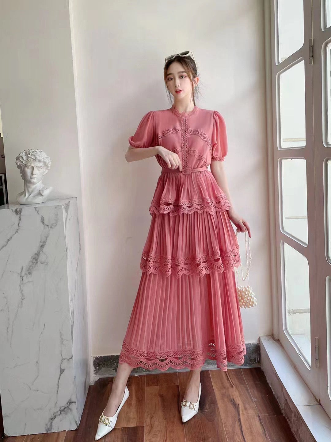 Pankh Yareli Short Sleeve Lace Trim Tiered Maxi Dress