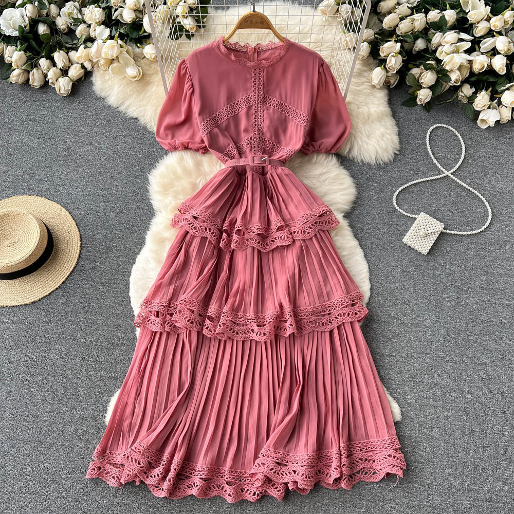 Pankh Yareli Short Sleeve Lace Trim Tiered Maxi Dress
