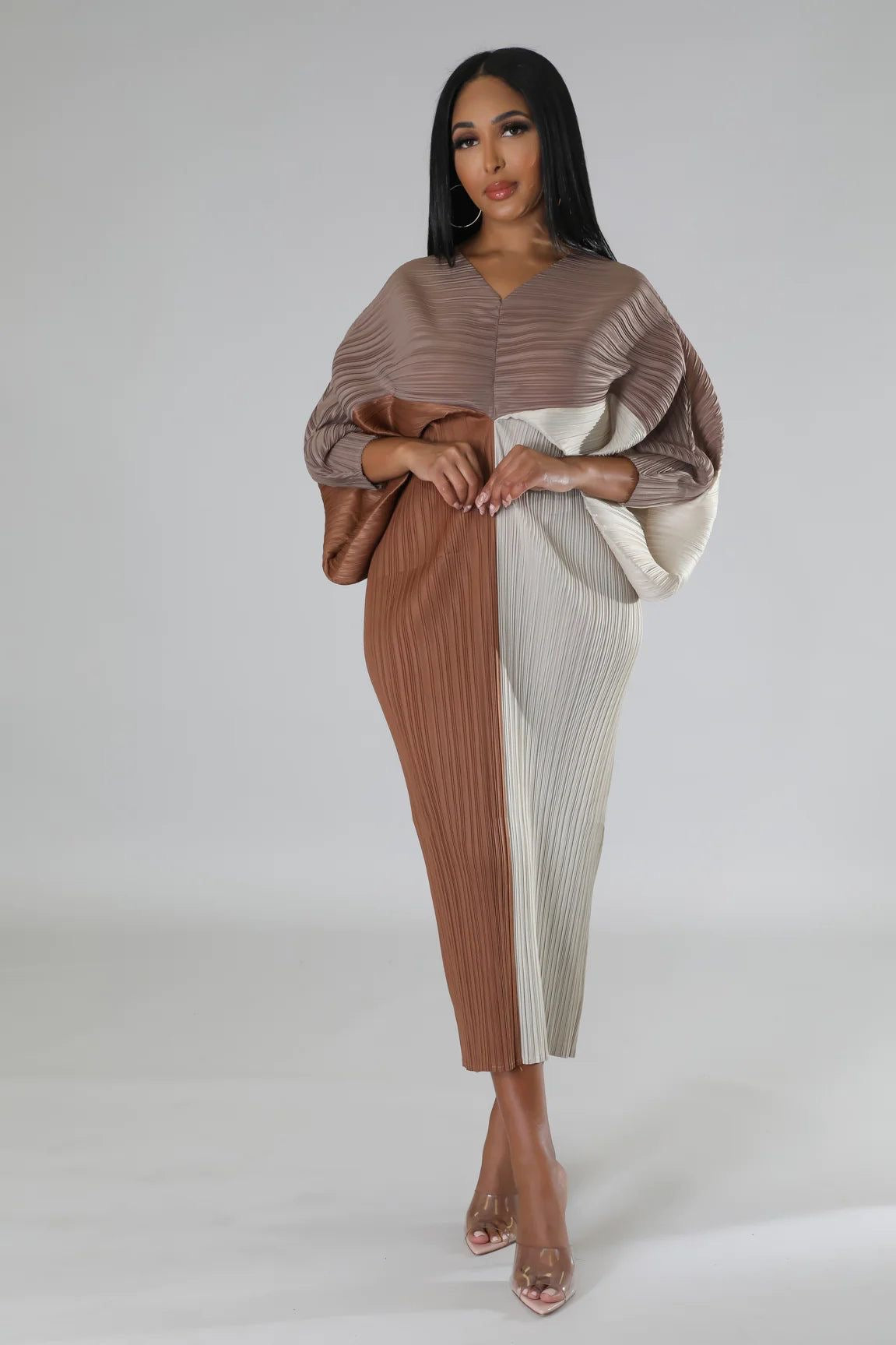 Pankh Darnell Pleated Lantern Bat Sleeve Dress