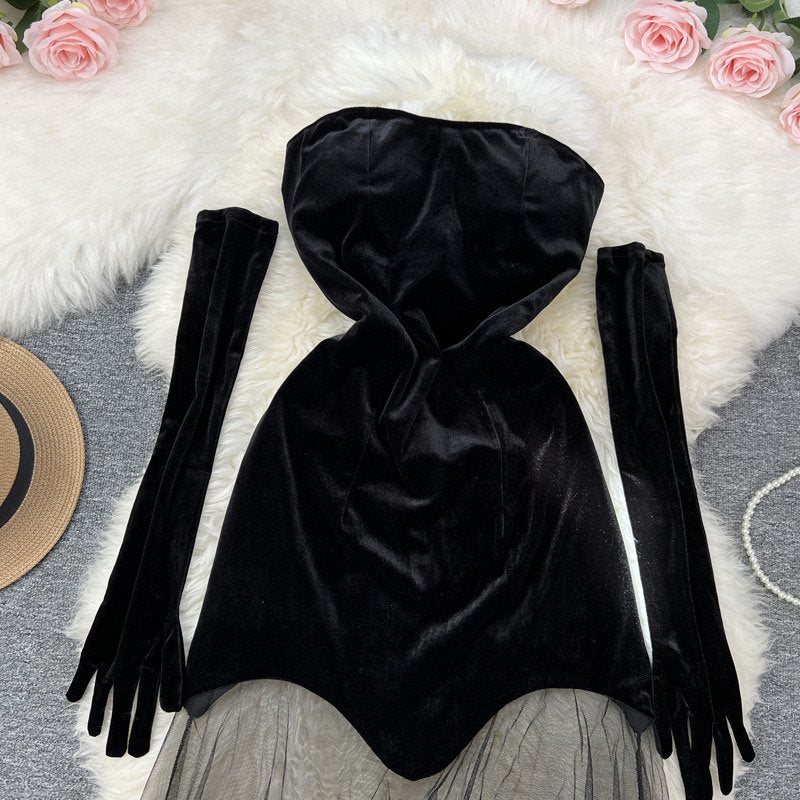 Pankh Alessandra Cat Walk Velvet Mesh Net Dress With Hand Gloves