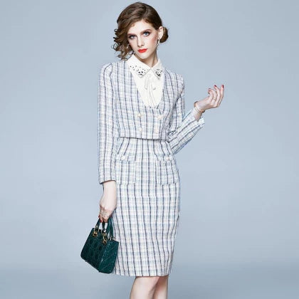 Maila Plaid Tweed Two-Piece Formal Dress with Blazer