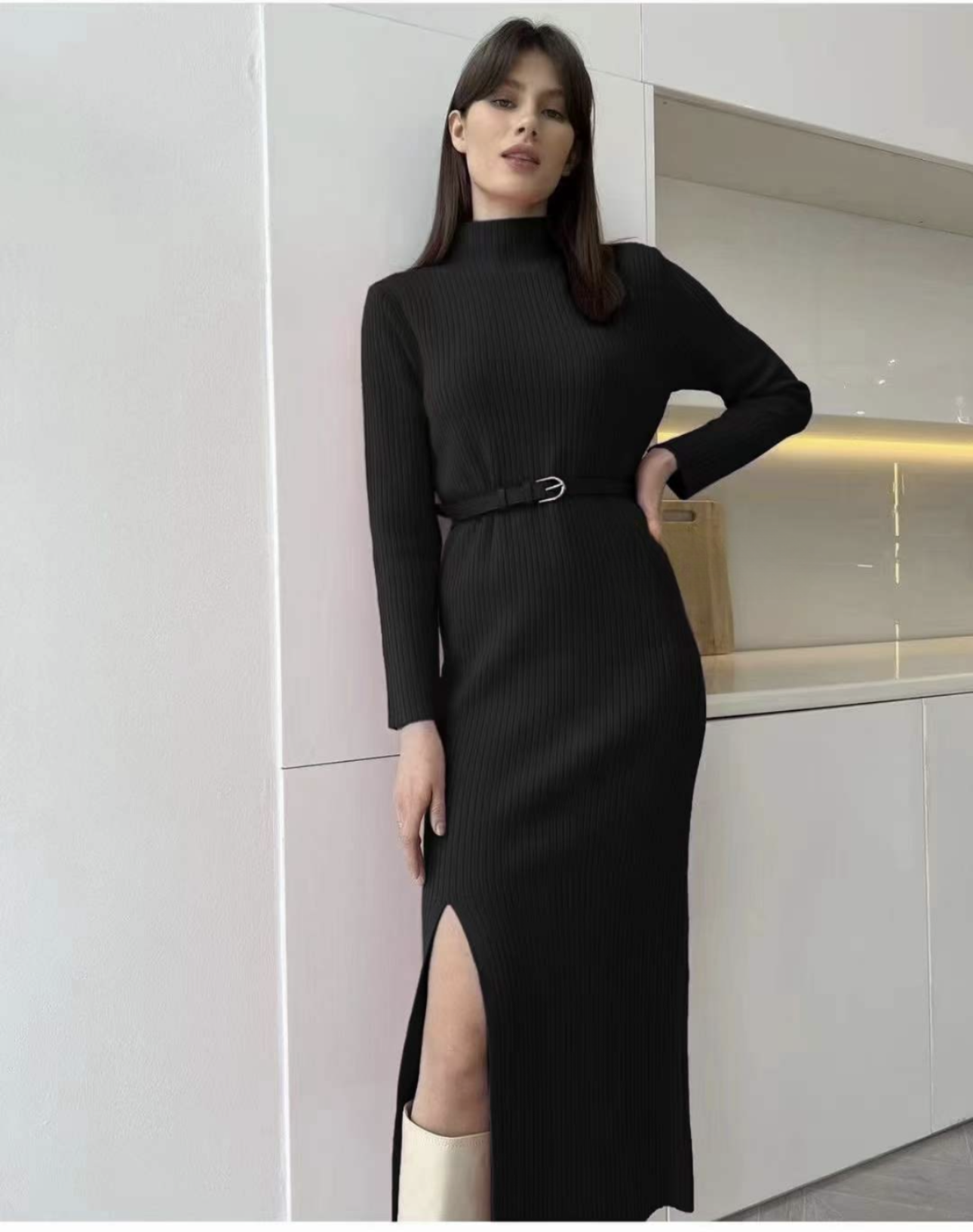 Pankh Ayvee High Neck Knit Wool Dress with Belt