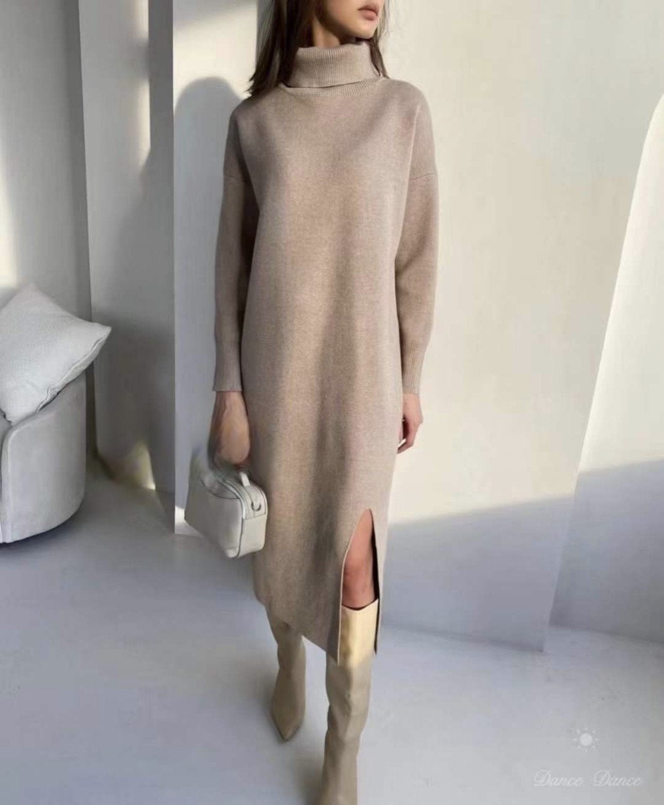 Pankh Ayvee High Neck Knit Wool Dress with Belt