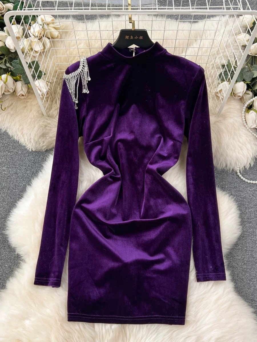 Pankh Leona Sparkly Backless Diamonds Tassel Velvet Dress