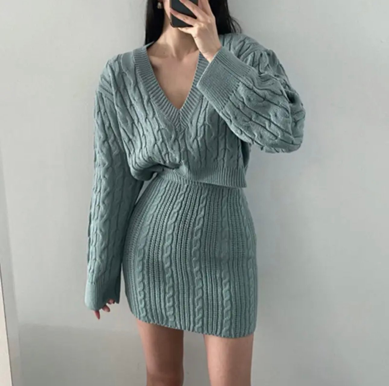 Pankh Ray V-Neck Cable Knit Sweater And Mini Skirt