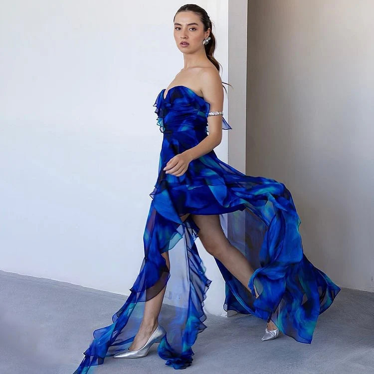 Pankh Ciara Elegance Blue Tie And Dye Ruffle Monokini With Ruffle Skirt Set