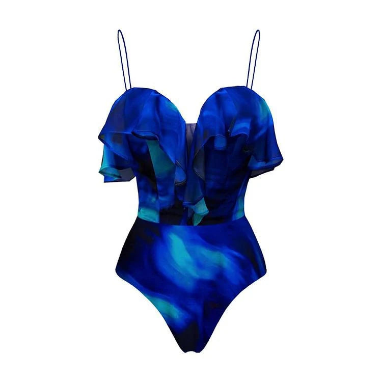 Pankh Ciara Elegance Blue Tie And Dye Ruffle Monokini With Ruffle Skirt Set