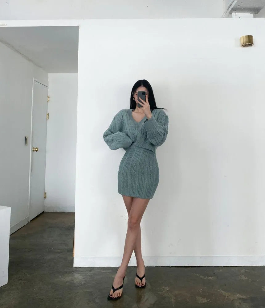 Pankh Ray V-Neck Cable Knit Sweater And Mini Skirt