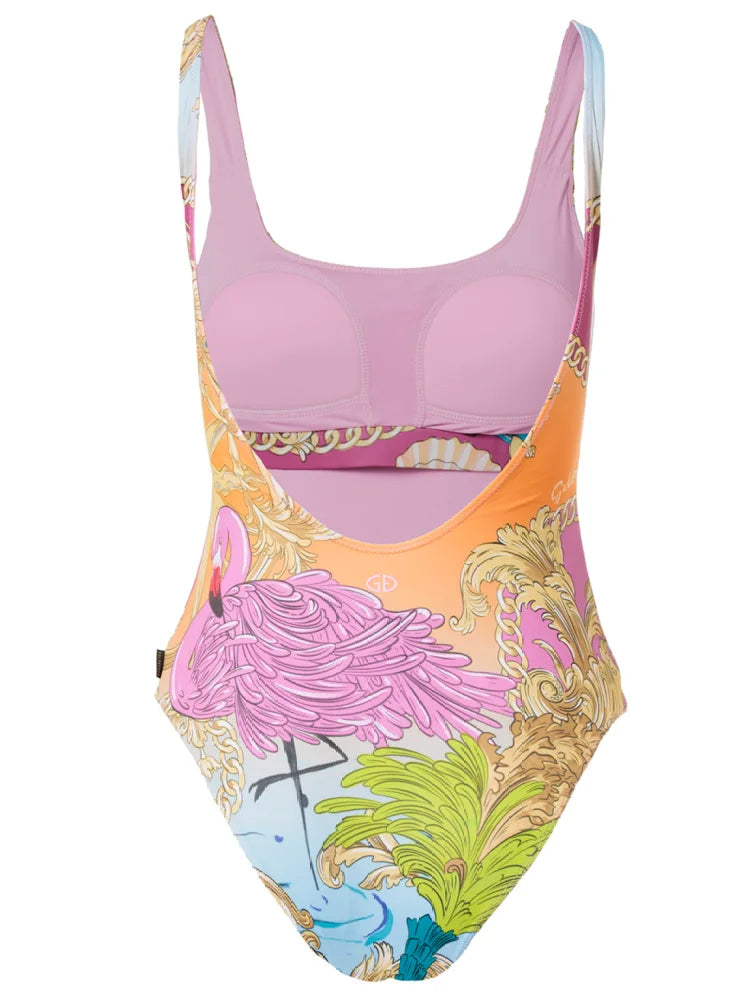 Netali Tropical Cartoon Tummy Control Swimsuit And Tie Front Cover Up Set