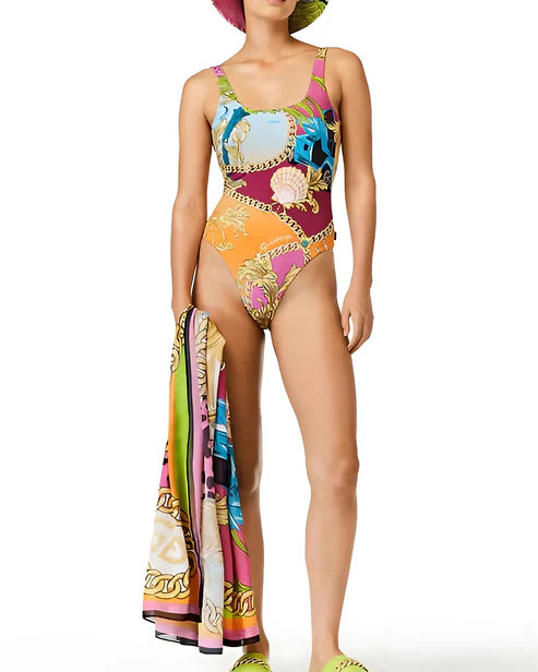 Netali Tropical Cartoon Tummy Control Swimsuit And Tie Front Cover Up Set