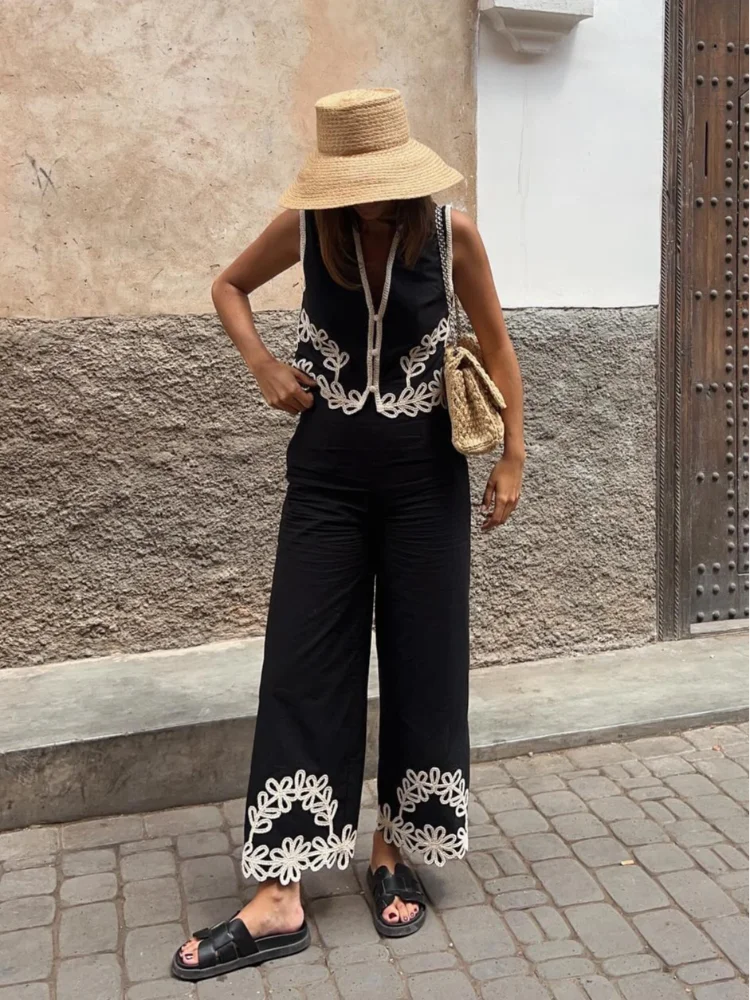 Pankh Savvy Cotton Lace Embroidery Vest Top With Pant Set