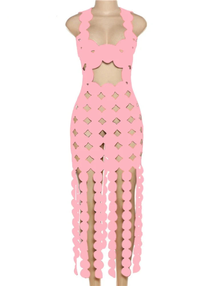 Pankh Shifa Square Neck Cut Out Dotted Full Length Cocktail Dress