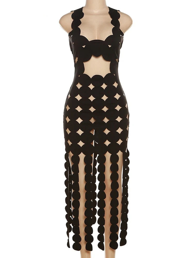 Pankh Shifa Square Neck Cut Out Dotted Full Length Cocktail Dress