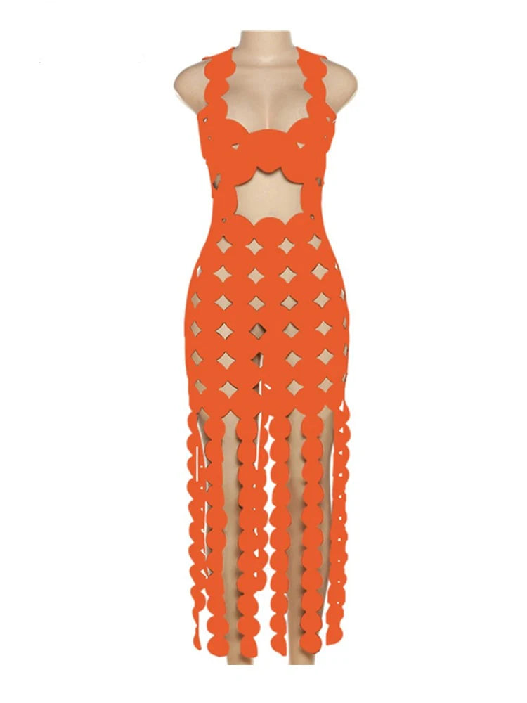 Pankh Shifa Square Neck Cut Out Dotted Full Length Cocktail Dress