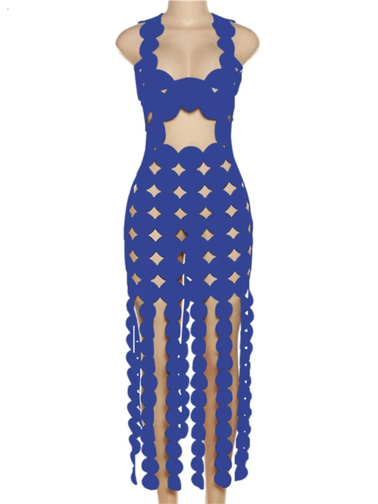 Pankh Shifa Square Neck Cut Out Dotted Full Length Cocktail Dress
