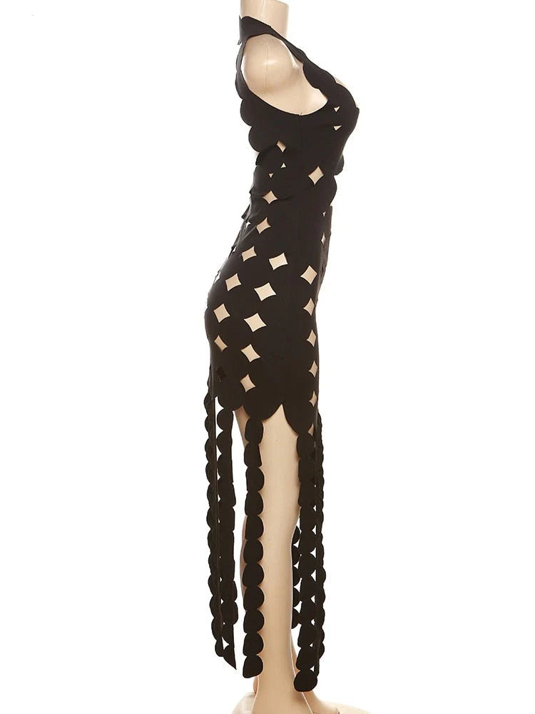 Pankh Shifa Square Neck Cut Out Dotted Full Length Cocktail Dress