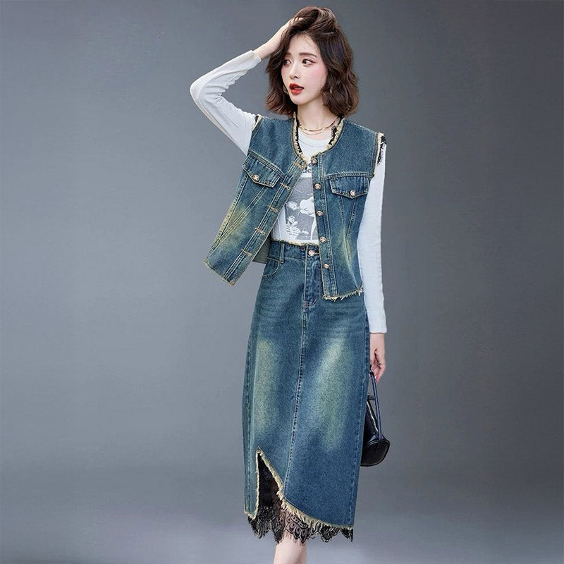 Pankh Semir Retro Denim and Lace Top And Long Skirt Set