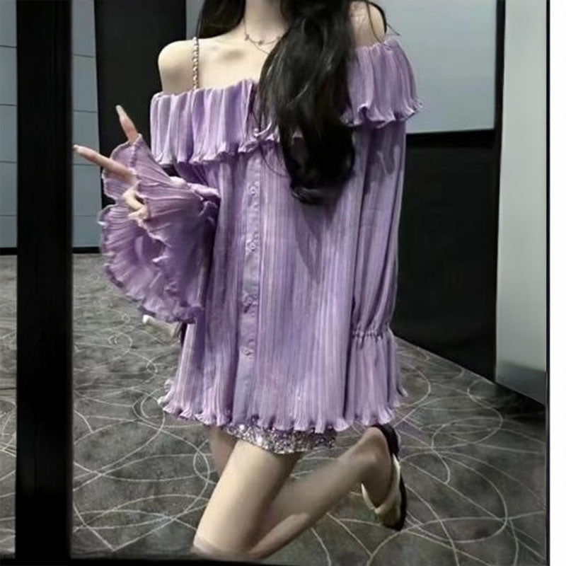 Pankh Javier Off Shoulder Ruffle Pleated Top