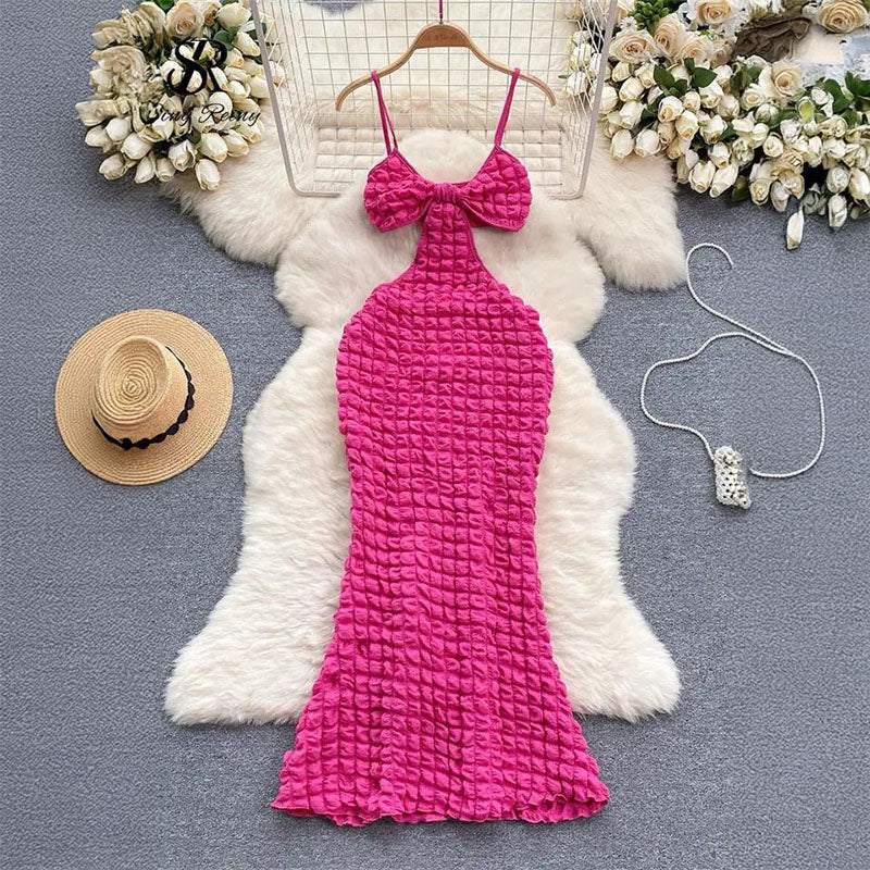 Pankh Krystal New Solid Color Suspender Sexy Hollow Slim Elegant Dress