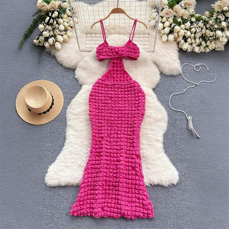 Pankh Krystal New Solid Color Suspender Sexy Hollow Slim Elegant Dress