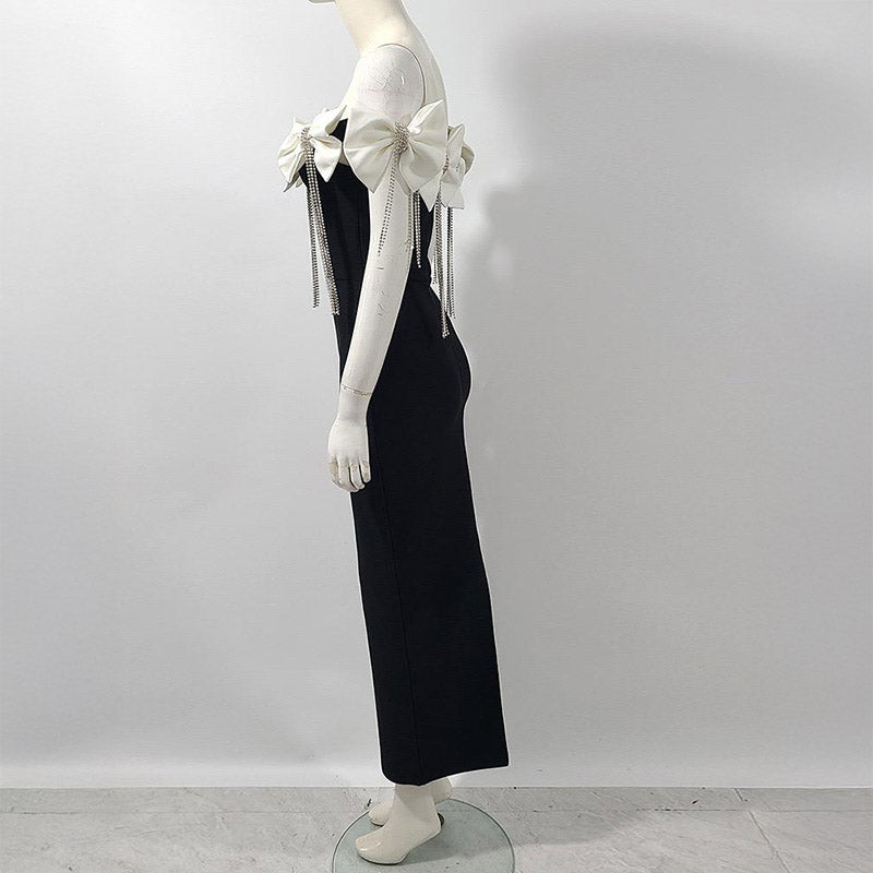 Pankh Hande Off-Shoulder Bow Tie Diamond Tassel Party Wear Long Dress