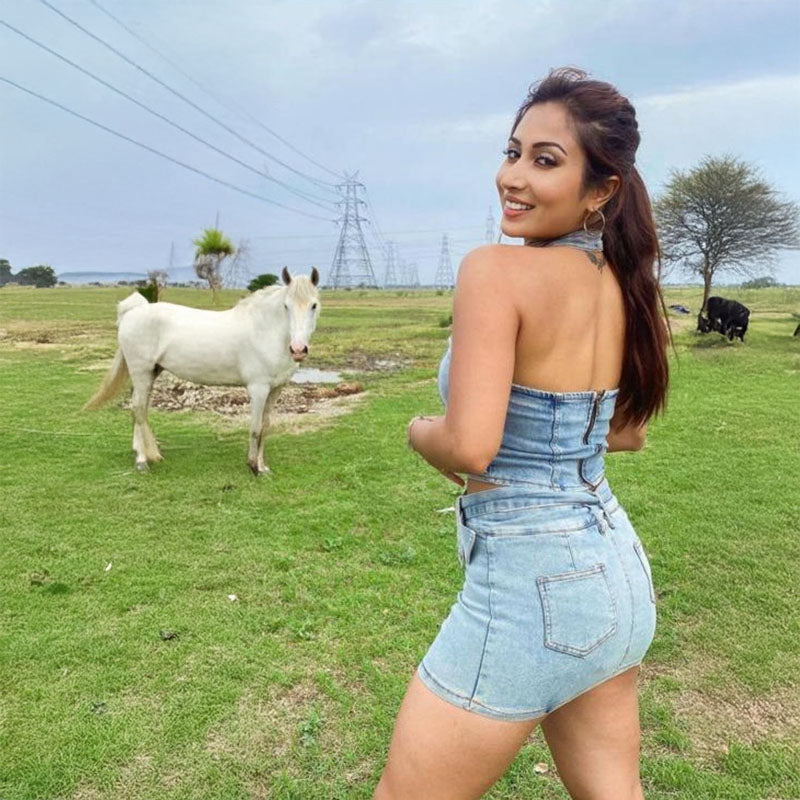 Pankh Raize Denim Top And Skirt Set