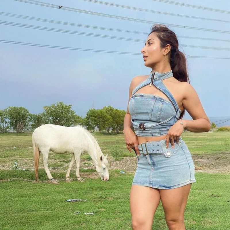 Pankh Raize Denim Top And Skirt Set