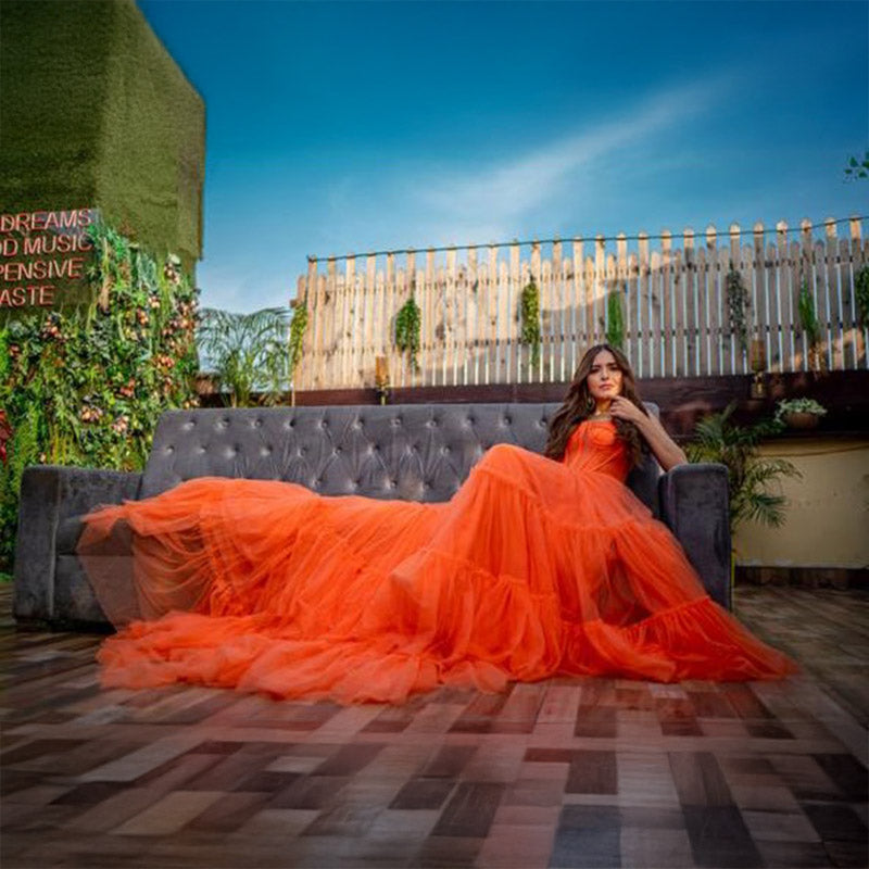 Pankh A-line Burnt Orange Spaghetti Straps Modest Long Evening Prom Gown