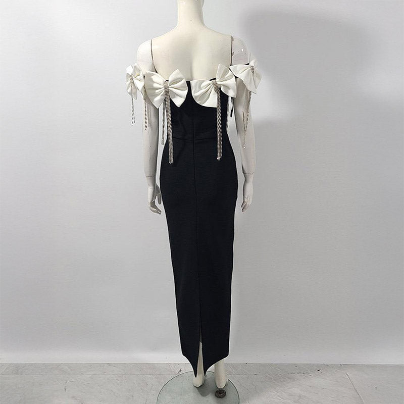 Pankh Hande Off-Shoulder Bow Tie Diamond Tassel Party Wear Long Dress