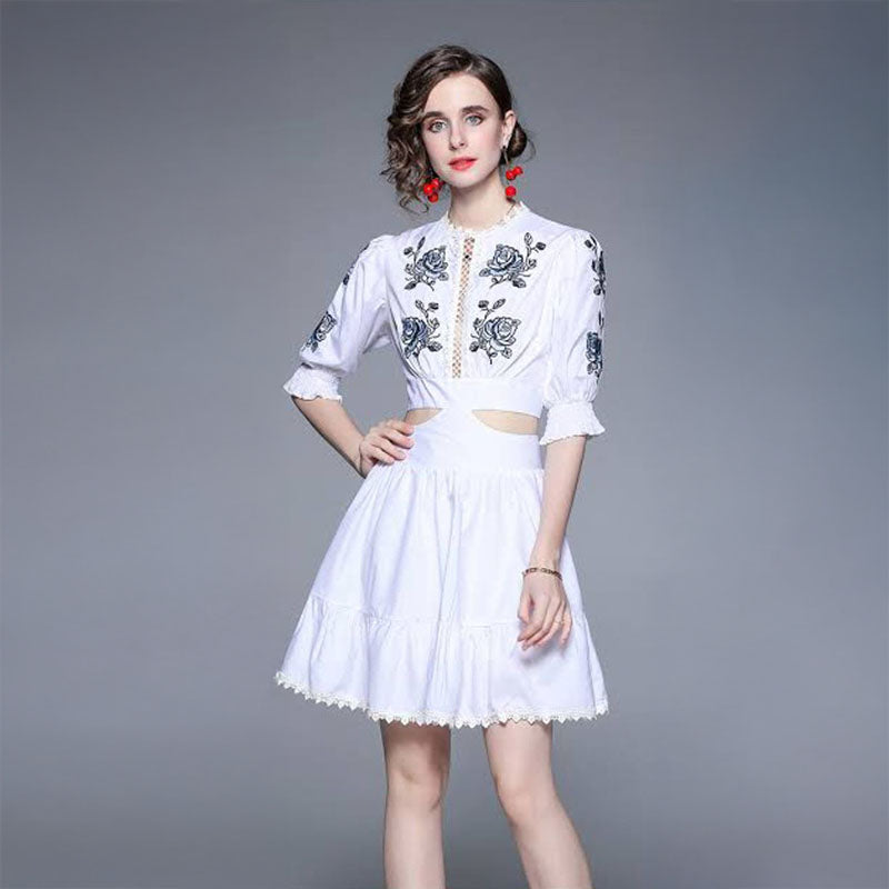Pankh Layira Embroidery Bubble Sleeve Waist Cut Out Dress