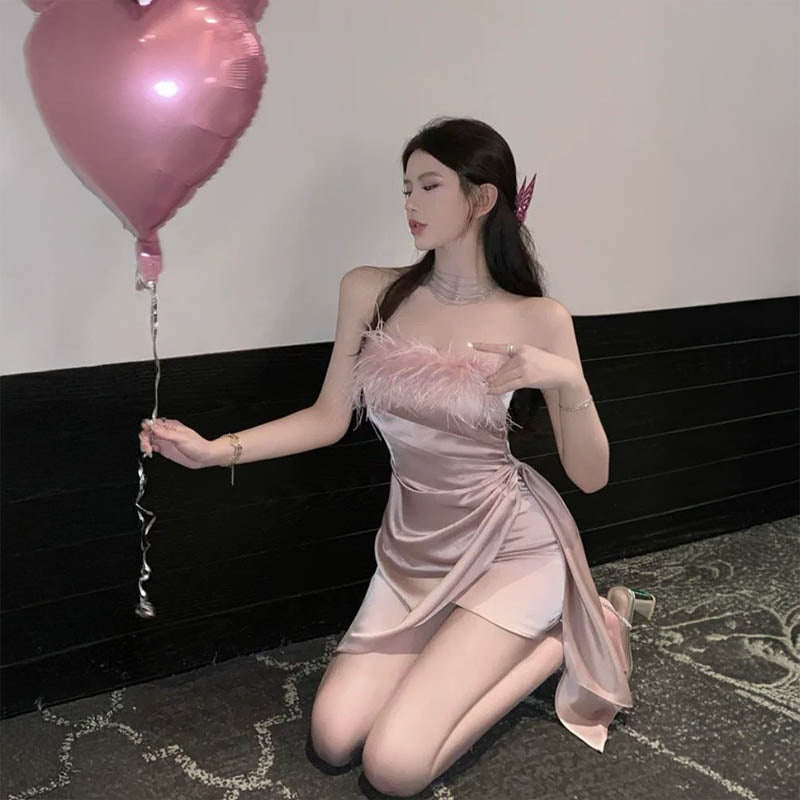 Pankh Nasha Fur Off Shoulder Short Satin Partywear Dress