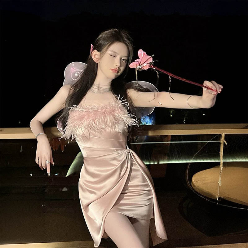 Pankh Nasha Fur Off Shoulder Short Satin Partywear Dress