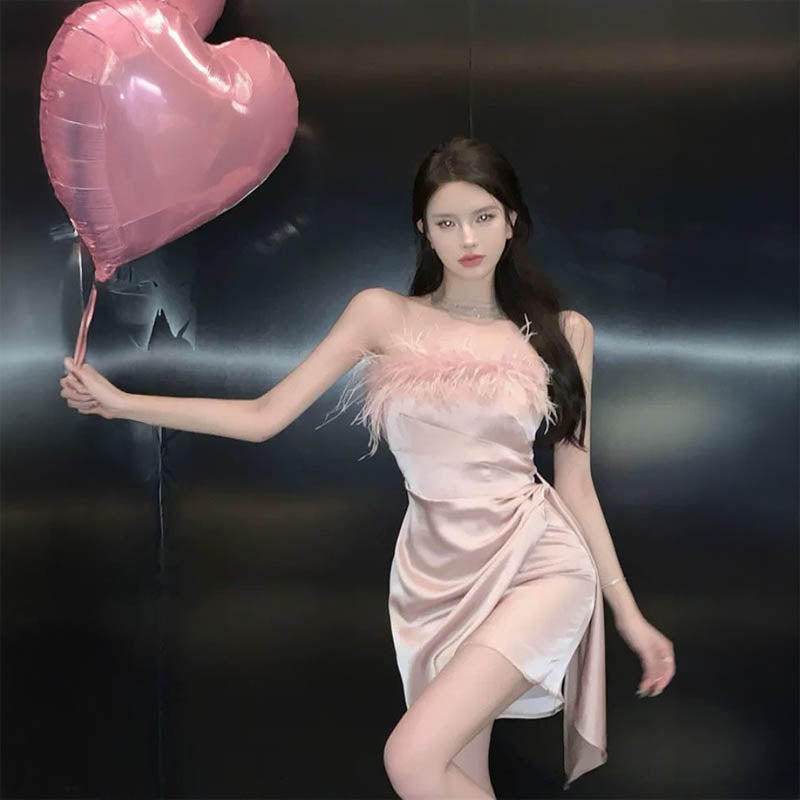 Pankh Nasha Fur Off Shoulder Short Satin Partywear Dress