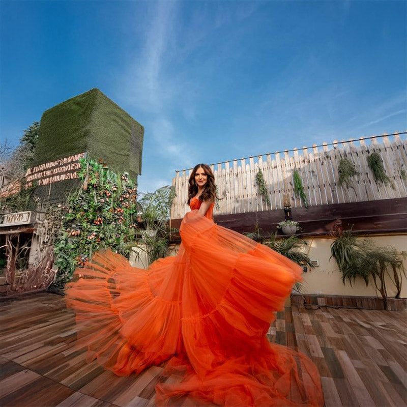 Pankh A-line Burnt Orange Spaghetti Straps Modest Long Evening Prom Gown