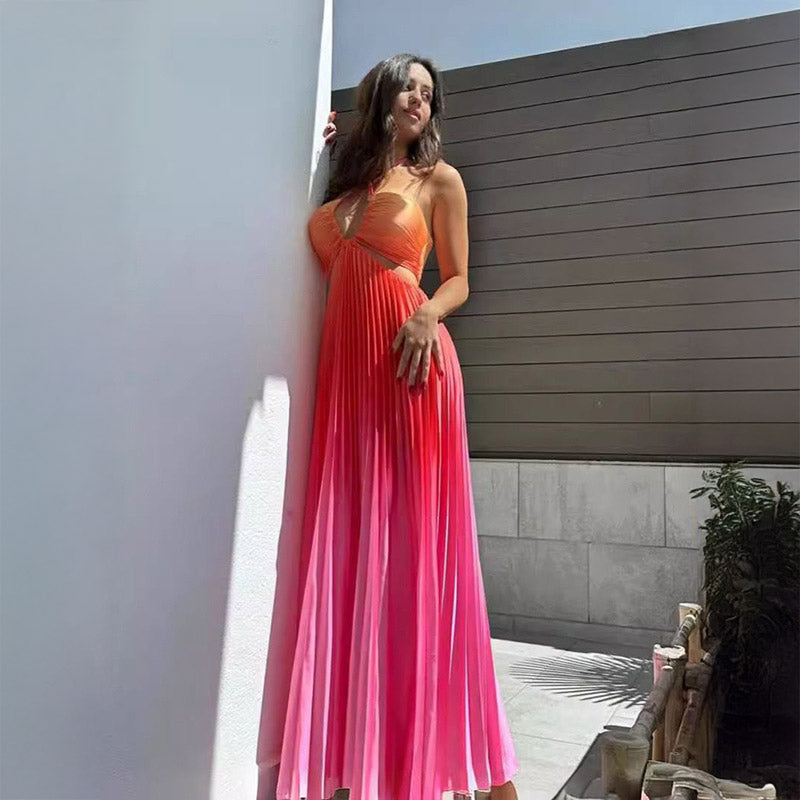 Pankh Halime Sexy Halterneck Cut-Out Backless Pleated Midi Holiday Dress