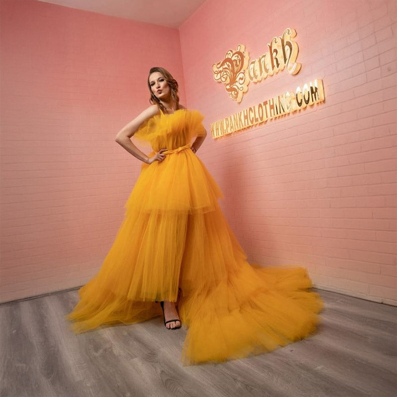 Pankh Aarvi Gorgeous Daffodil Trailed Yellow Tule Ball Gown