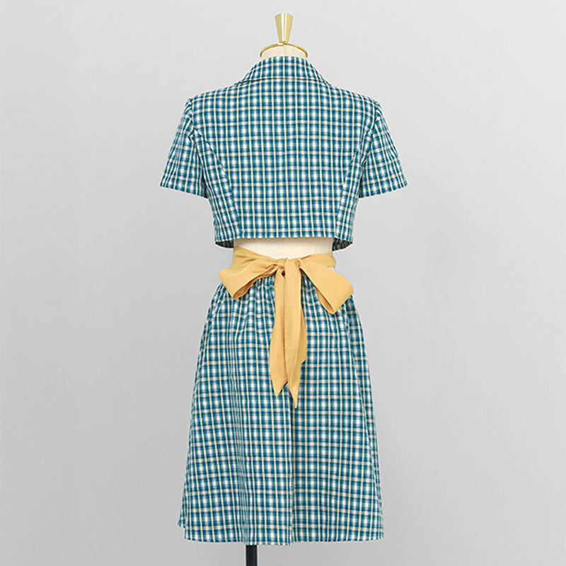 Pankh Fresia Plaid Check Blazer Back Waist Hollow Bow Dress