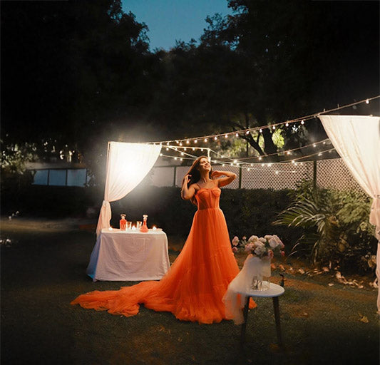 Pankh A-line Burnt Orange Spaghetti Straps Modest Long Evening Prom Gown