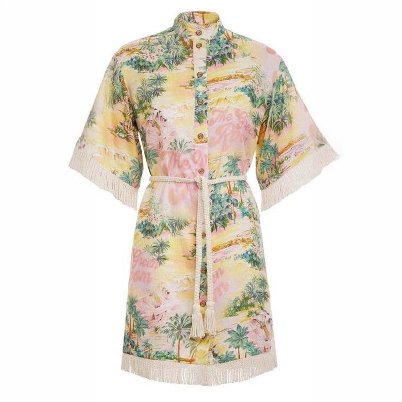 Pankh Aiza Fringed Printed Linen Shirt Dress