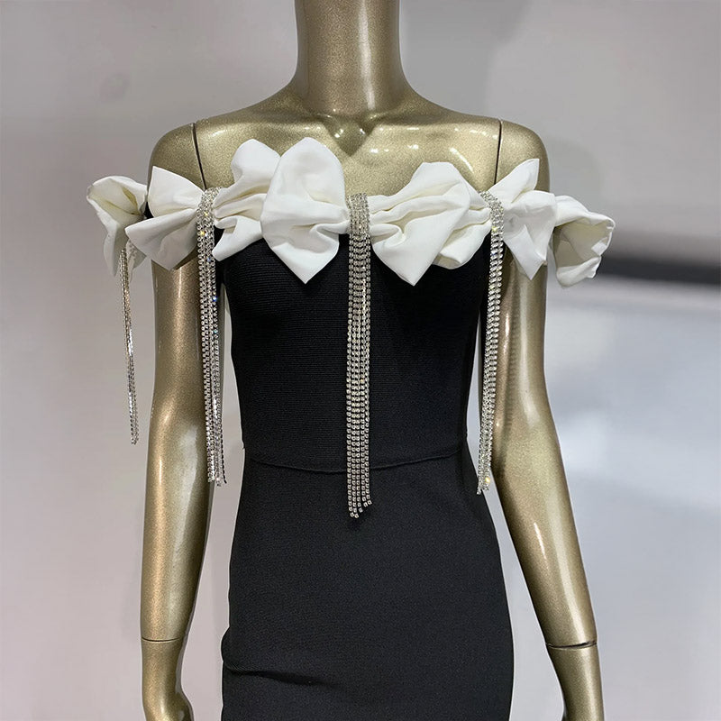 Pankh Hande Off-Shoulder Bow Tie Diamond Tassel Party Wear Long Dress