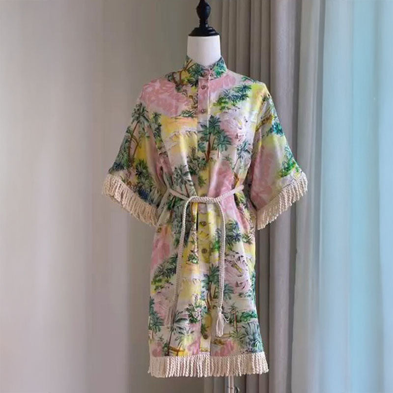Pankh Aiza Fringed Printed Linen Shirt Dress
