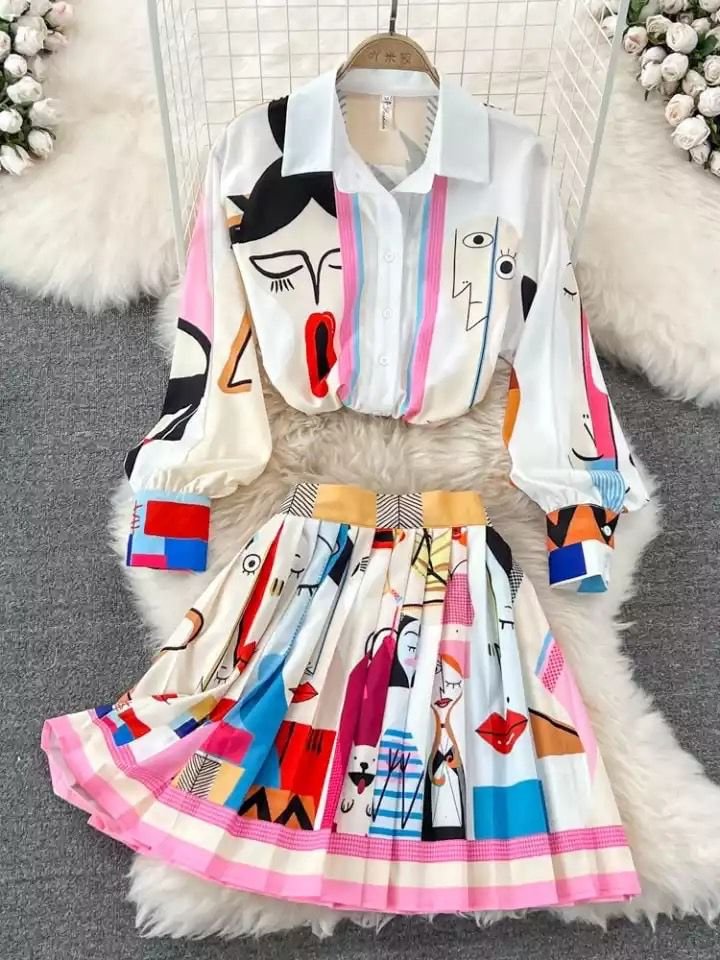 Pankh Dexy Abstract Print Shirt And Pleated Skirt Set