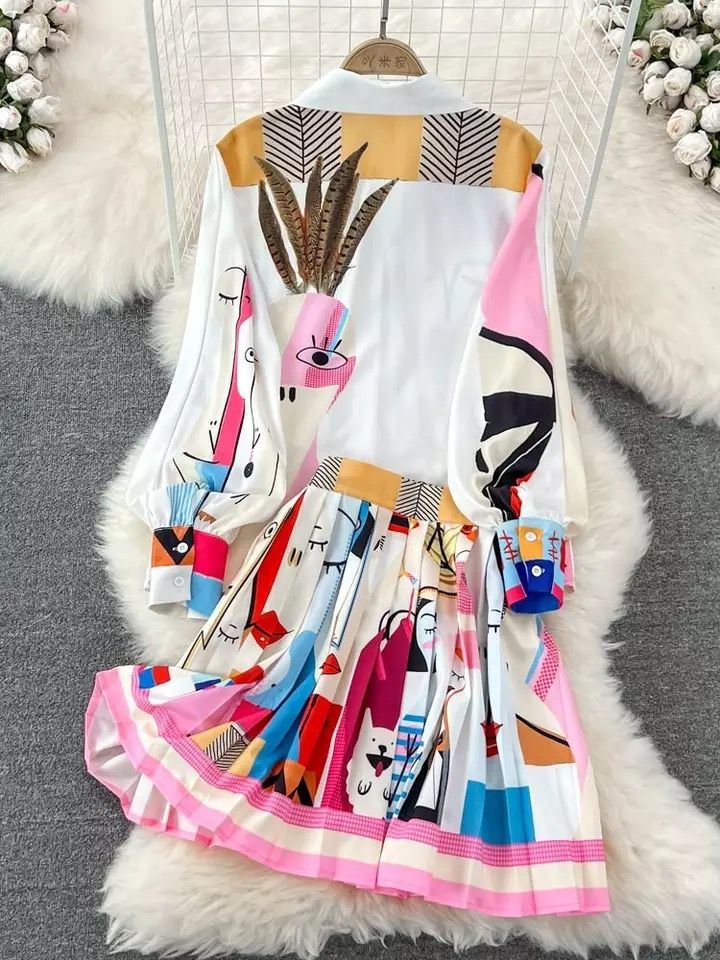 Pankh Dexy Abstract Print Shirt And Pleated Skirt Set