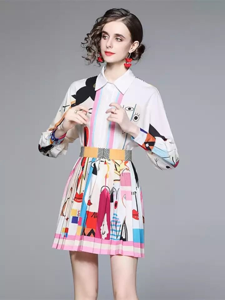 Pankh Dexy Abstract Print Shirt And Pleated Skirt Set