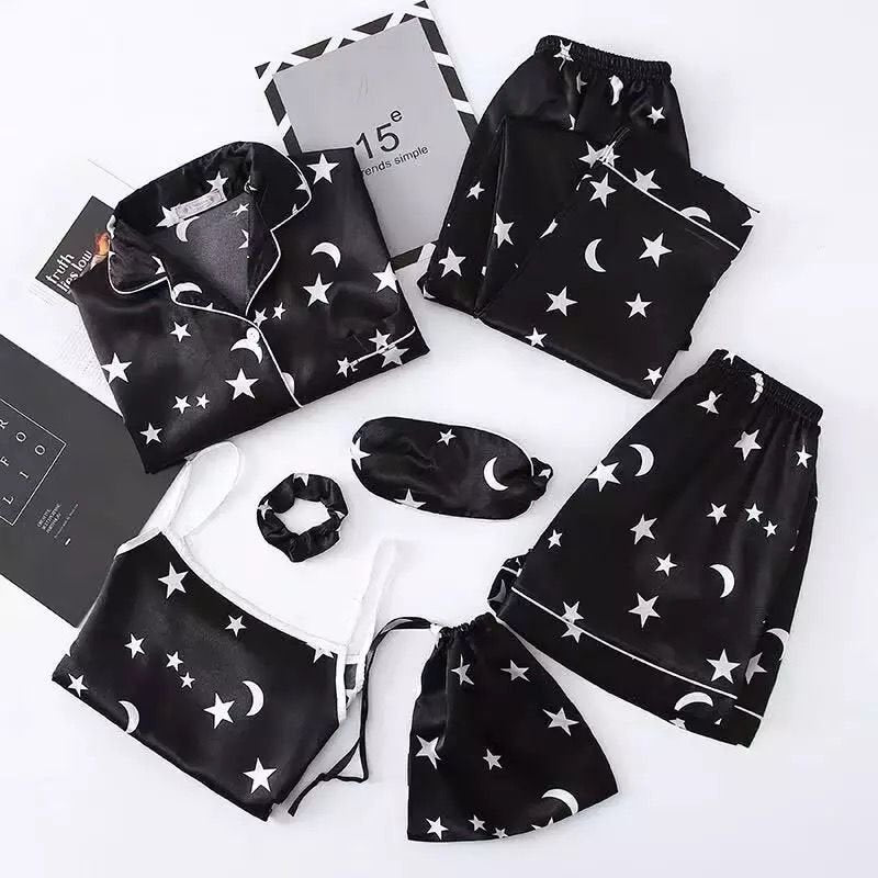 New lola 7 piece feather print satin night suit set