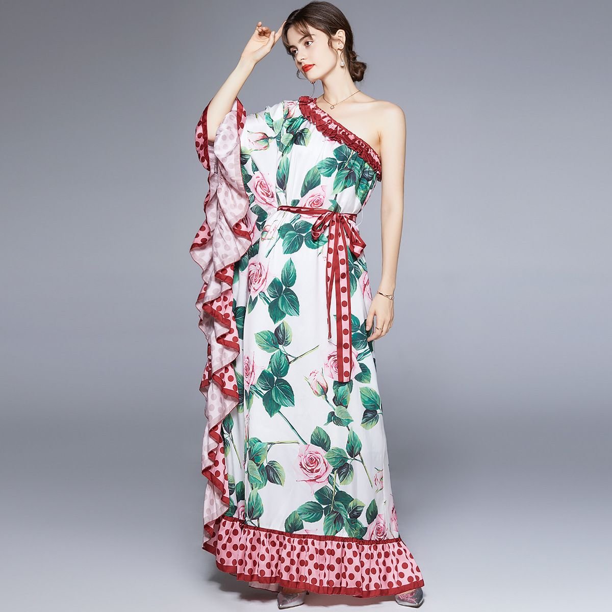 Pankh Kenwood Printed One Off Shoulder Maxi Dress